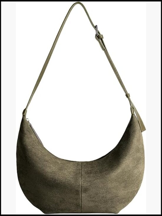 Handbags - Faux Suede Crescent Hobo Crossbody Bag with Zipper Closure